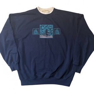 Vintage Navy Embroidered Tree Sweatshirt L MCE Sportswear Large Cozy Grannycore